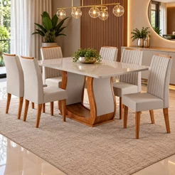 Conjunto Sala de Jantar Mesa 160x80,8cm Tampo com Vidro 6 Cadeiras Inspirare Yescasa Bege/Mel Bege/Mel