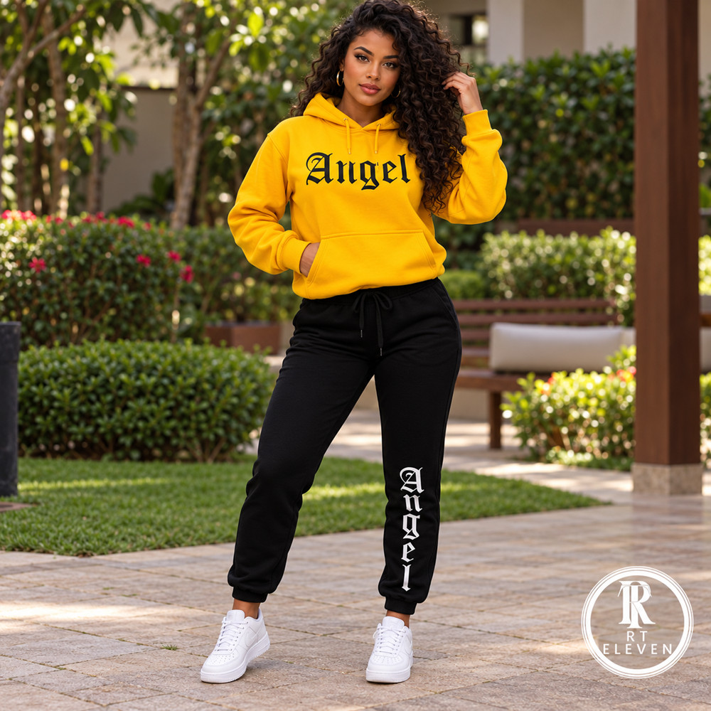 Conjunto Moletom Feminino Angel Blusa De Frio Canguru + calça Moletom Estampado Angel Anjos Tumbrl Com Bolso e Capuz