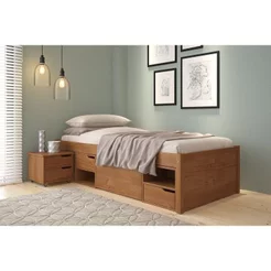 Cama Solteiro com 3 Gavetas e 1 Mesa de Cabeceira Charme Marrom/Amendoa Amêndoa