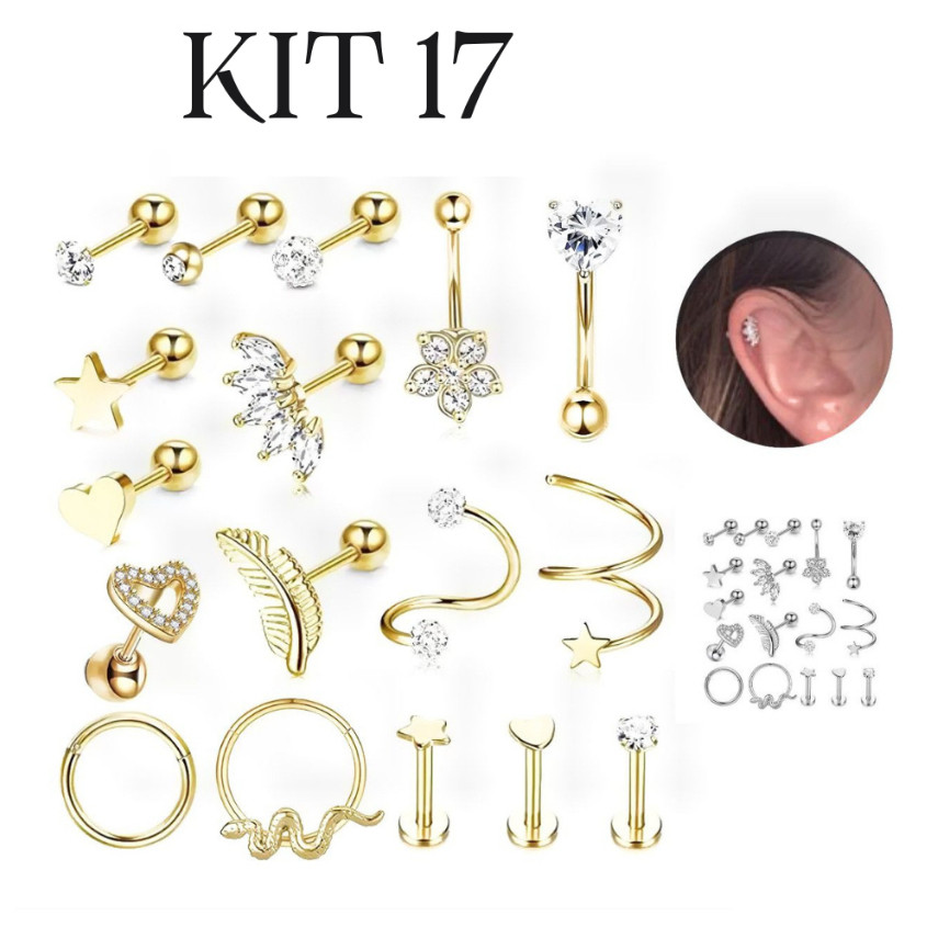 Kit com 17 Piercing Diversos Modelos e Tamanhos- Prata/Dourado em Oferta na Shopee