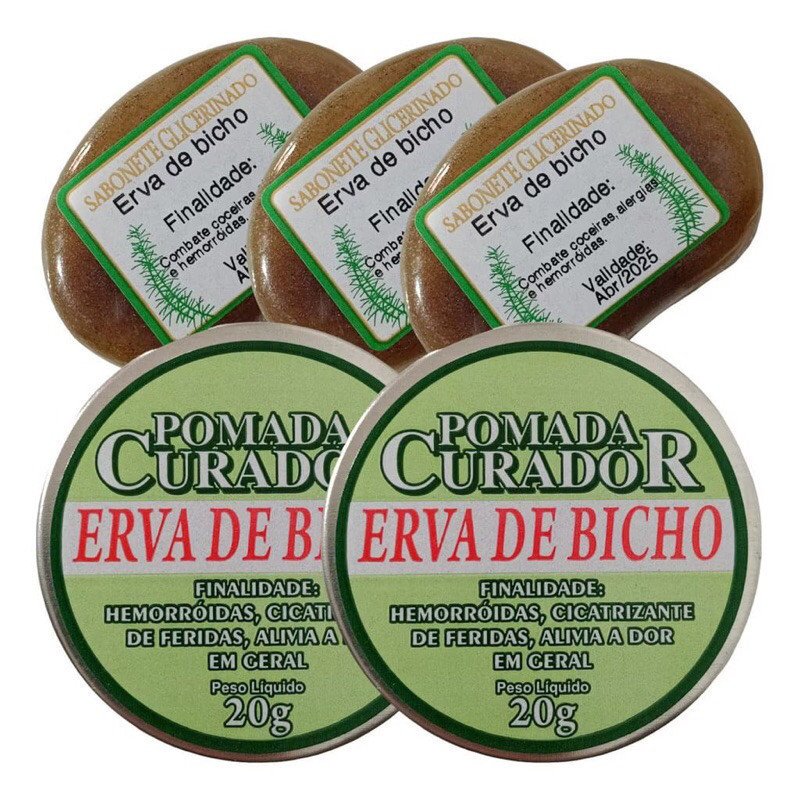 Kit C/3 Sabonetes Glicerinado Erva De Bicho + 2 Pomadas Curador Erva De Bicho 20g | Envio Imediato em Oferta na Shopee