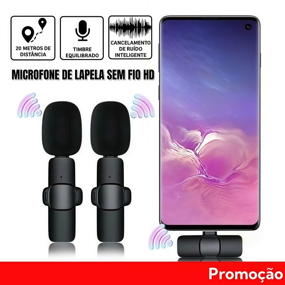 Microfone de Lapela Sem Fio para iPhone e Type-C, Com Redução de Ruído, Ideal para Gravação de Vídeo e Ensino Ao Vivo