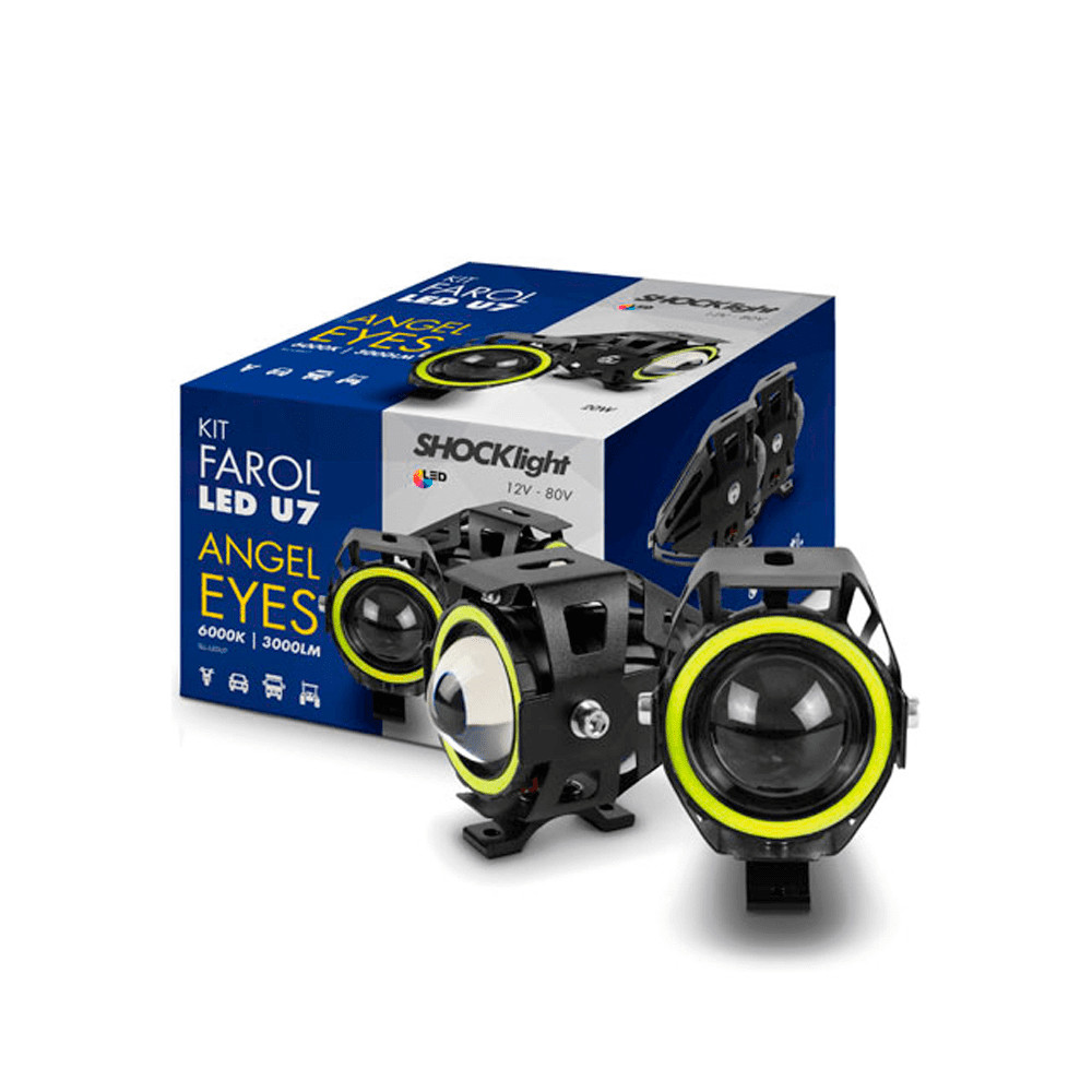 Farol Auxiliar Redondo LED U7 Angel Eyes Shocklight 24V 6000K 3000 Lumens Branco Kit