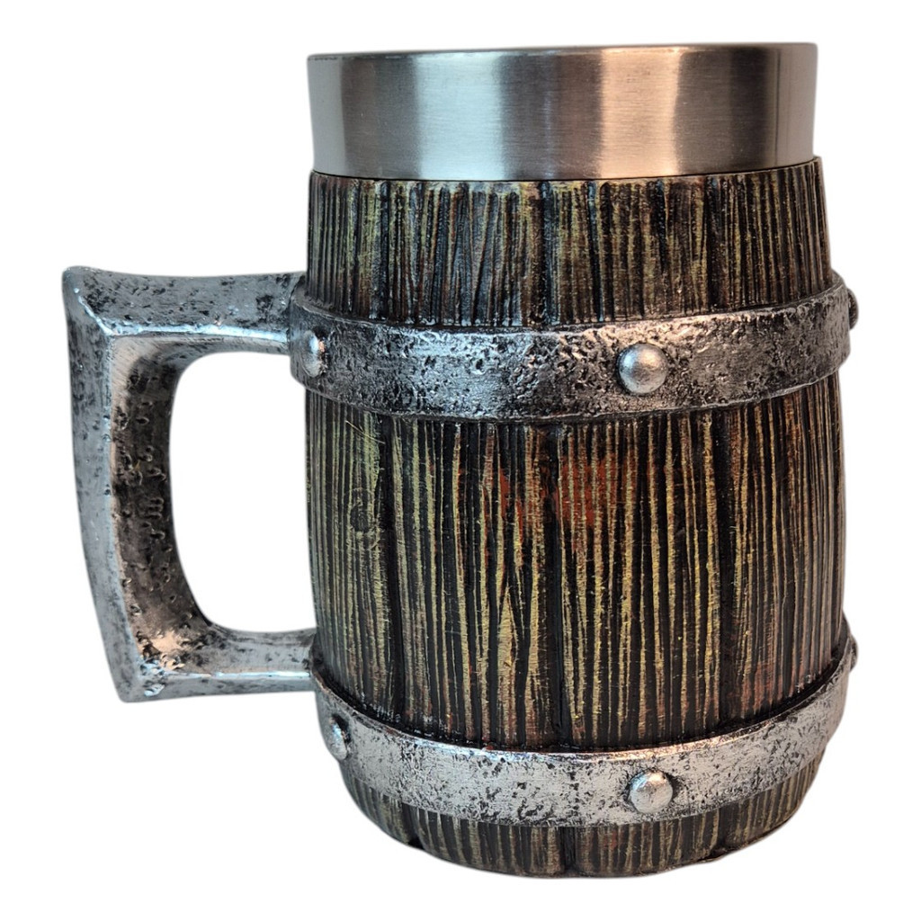 Caneca Medieval Artesanal Barril Geek 3D em Resina Copo em Aço Inox Grande Térmico Chopp Cerveja Divertida Presente