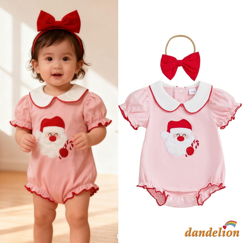 Bebê Meninas Roupas De Natal Manga Curta Gola Boneca Papai Noel Bordado Macacão Com Arco Bandana