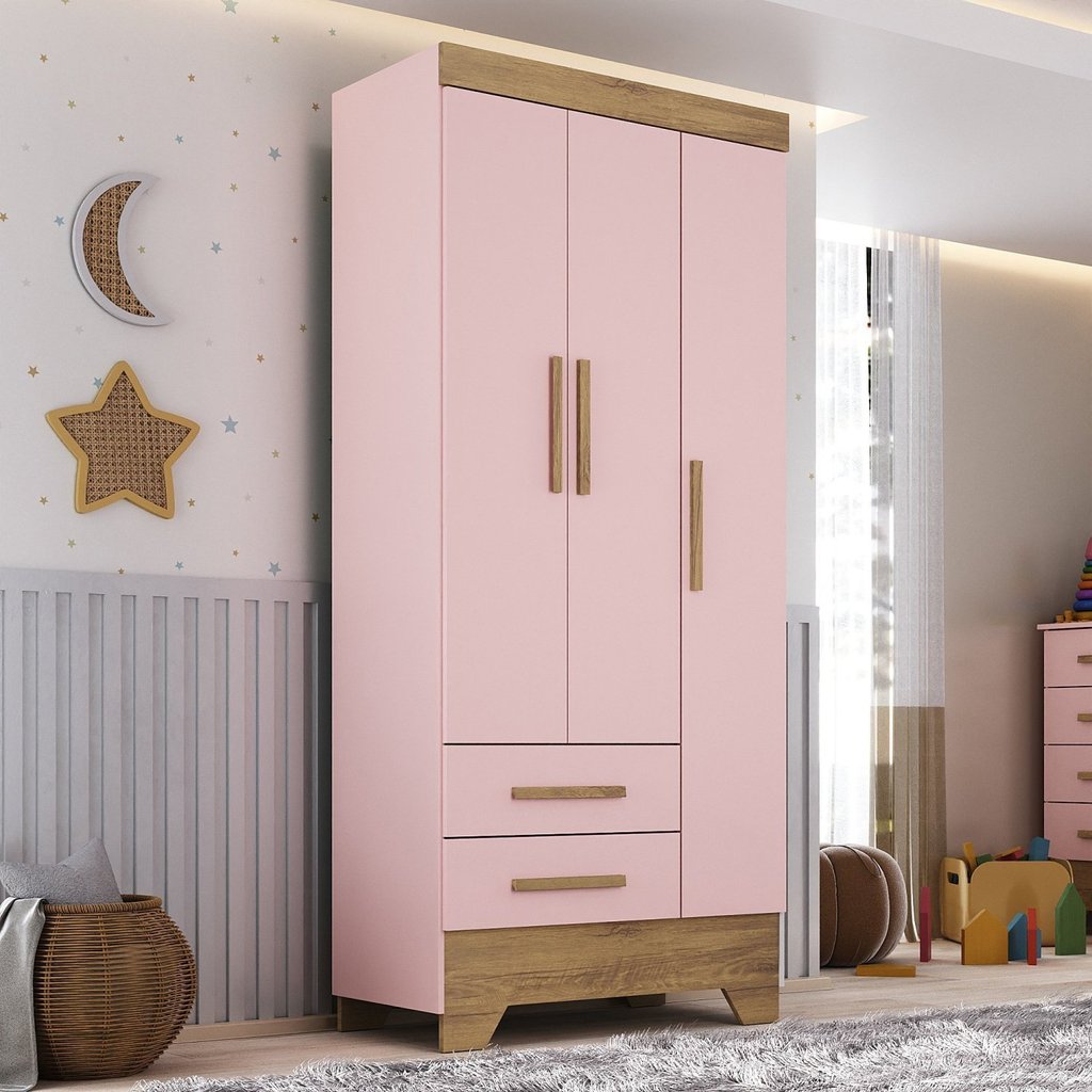 Guarda Roupa Infantil 3 Portas 2 Gavetas Rosa/Natural Tic Tac Espresso Móveis Rosa Fosco/Natural em Oferta na Shopee