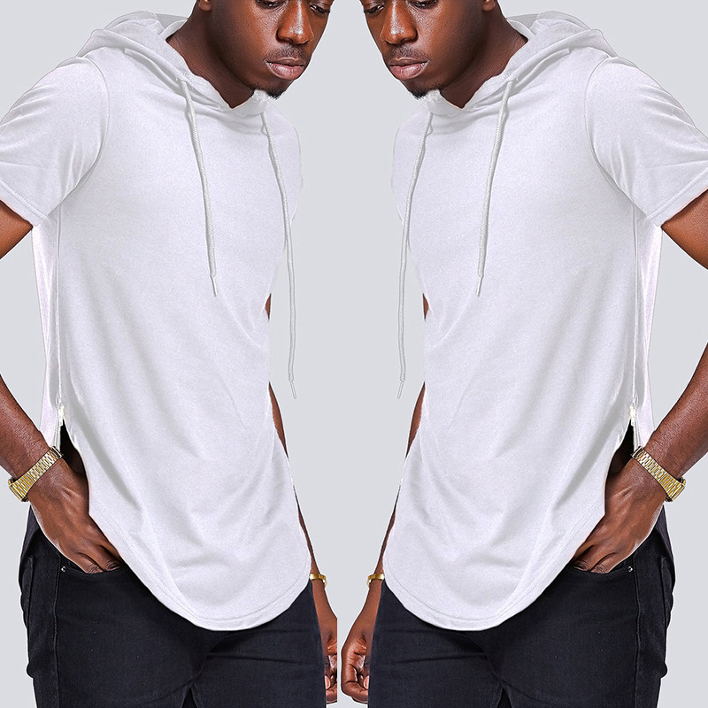 Nova Moda Masculina Com Capuz Cor Sólida Camiseta De Manga Curta Verão Casual Esportes Roupas Para Homens Zíper Lateral 