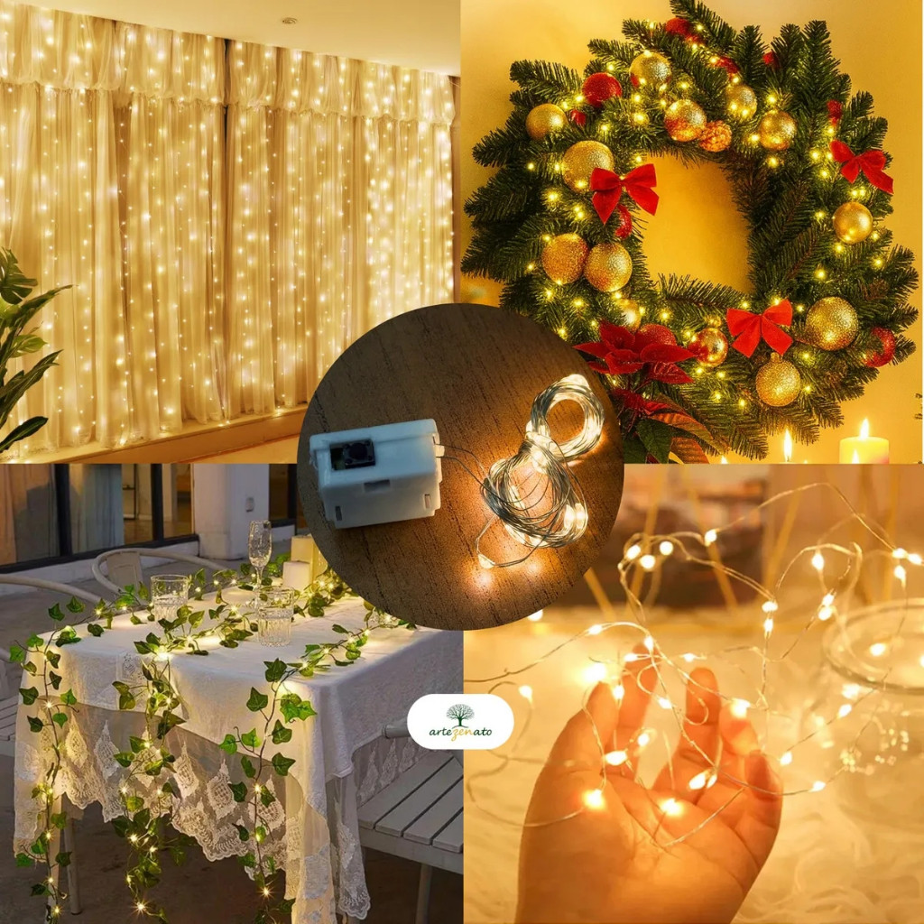 Cordão de Luzes LED 20 Lâmpadas 2m Quente 3 Modos Pilha Fio de Cobre Decoração de Natal Festas e Ambiente em Oferta na Shopee