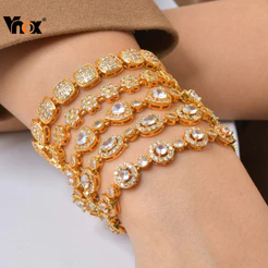 Pulseira De Corrente De Elo Cúbico Vnox Flower Heart Zircon Para Mulheres Em Aço Inoxidável Sem Desbotamento E Hipoalerg