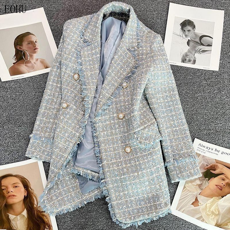 Blazer de Tweed Feminino S-4XL, Duplo Botão, Grosso e Fino, Solto, Moda Casual Elegante Formal para Escritório, Tamanho 