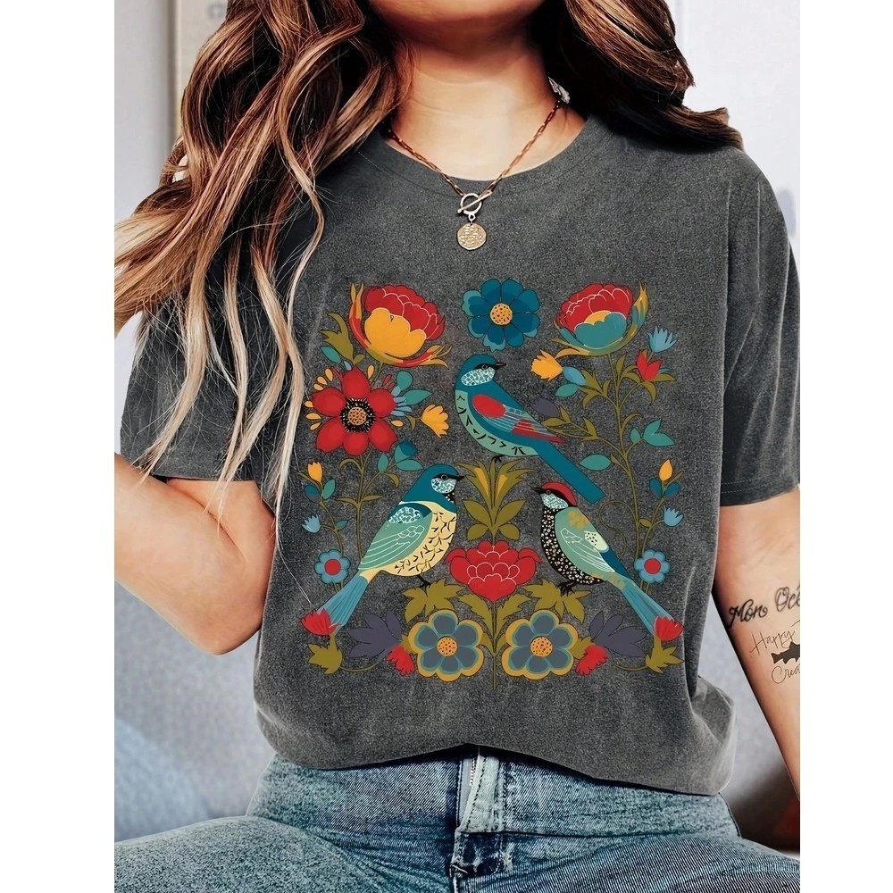 Camiseta Camisa 100%Algodão Confortável  Flores E Passáros Vintage Estampada Unissex Moda Verão 2026 Top Lançamento