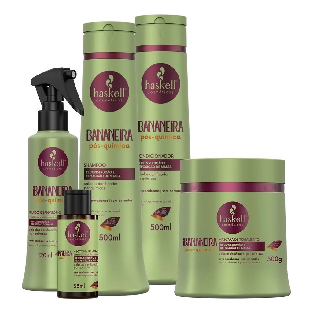 Kit Haskell Bananeira Pós-Química 500gr Haskell– Reconstrução Completa e Reposição de Massa  | 5 itens em Oferta na Shopee