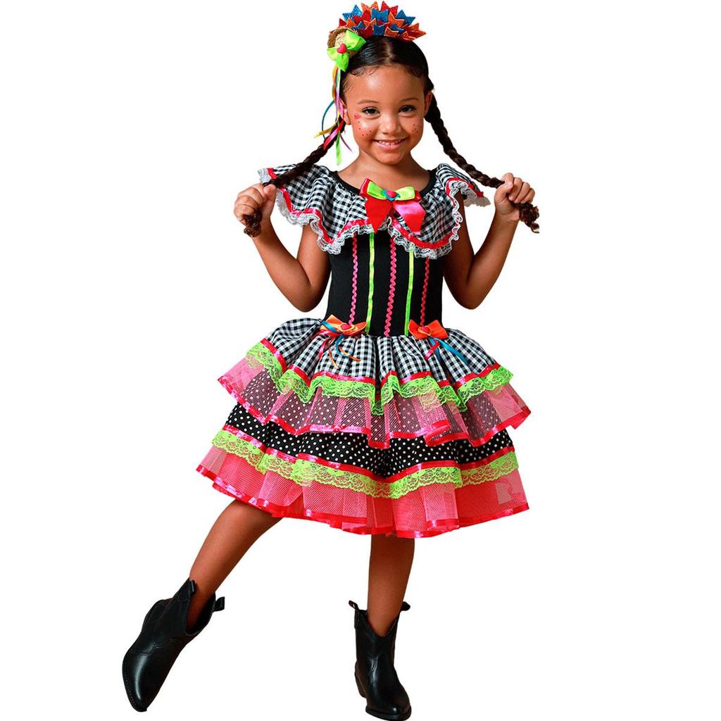 Vestido de Festa Junina Infantil pra Menina Xadrez Preto de Luxo Neon