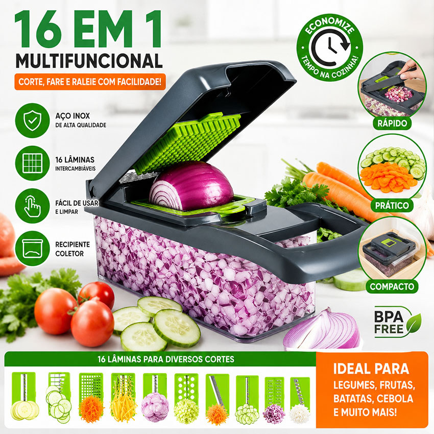 Cortador de Legumes 16 em 1 Inox Multifuncional Mandoline Fatiador Ralador Picador de Verduras