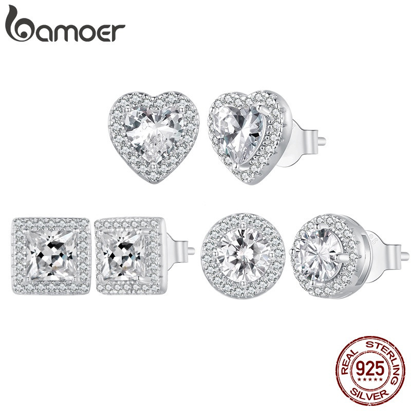 Brincos de prata esterlina 925 BAMOER, luxo acessível para mulheres, redondos/em formato de coração/quadrados 6GID