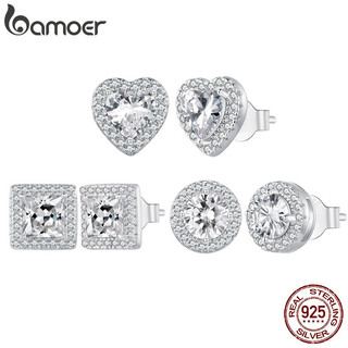 Brincos de prata esterlina 925 BAMOER, luxo acessível para mulheres, redondos/em formato de coração/quadrados 6GID