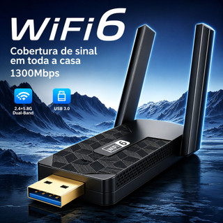 Adaptador Wi-Fi 6 USB 3.0 Dual Band 2.4G/5.8G 1300Mbps com Antenas