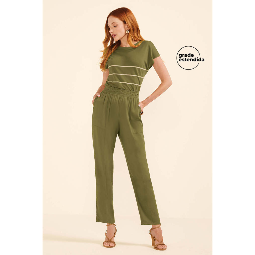 Calça Feminina Creponada Com Bolsos Marialícia Verde