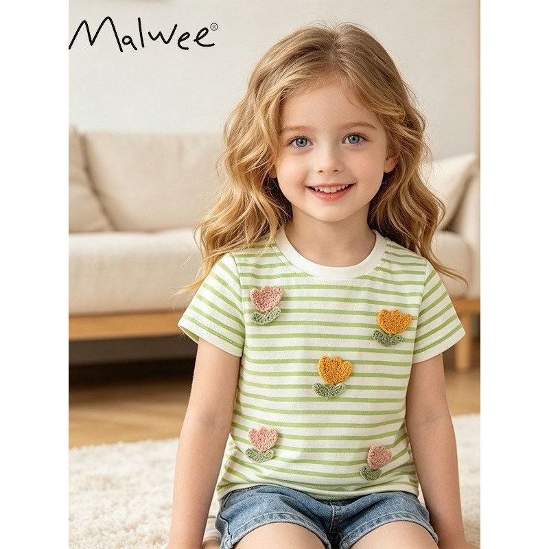 Cross-Border malwee verão novo estilo meninas camiseta listrado crianças de manga curta topo moda impressão europeu amer