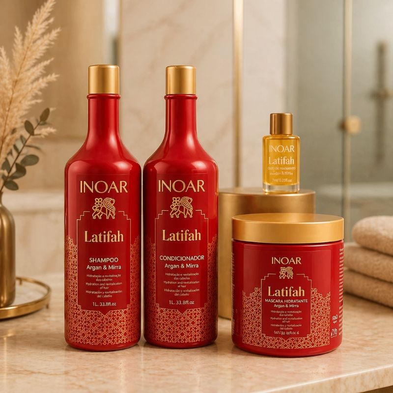 Kit INOAR Latifah Argan & Mirra Shampoo 1L + Condicionador 800 ml + Máscara 500g + Óleo 7ml Luxo Árabe