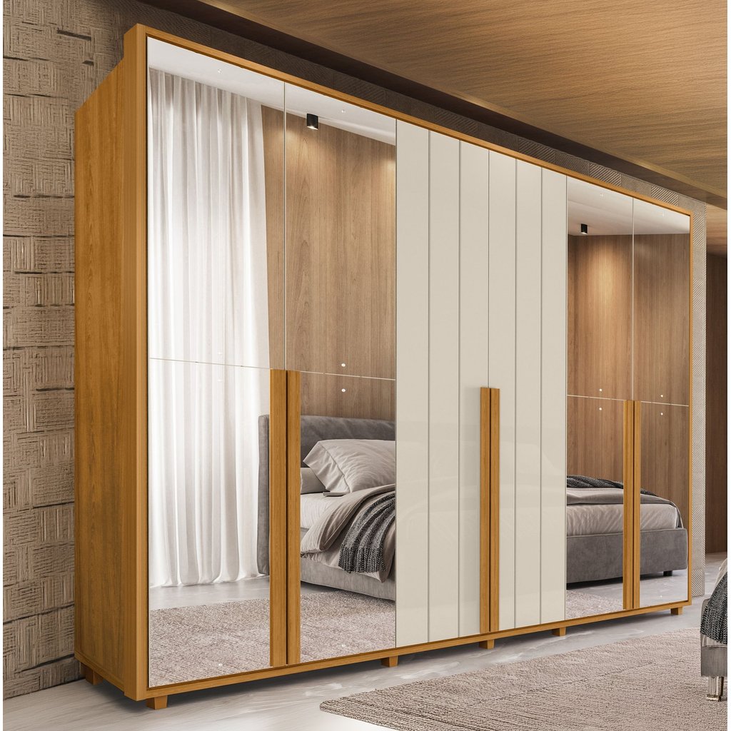 Guarda-Roupa Casal 6 Portas 100% MDF com Espelhos e Pés Volpi Branco/Cinamomo/Off White Cinamomo/Off White