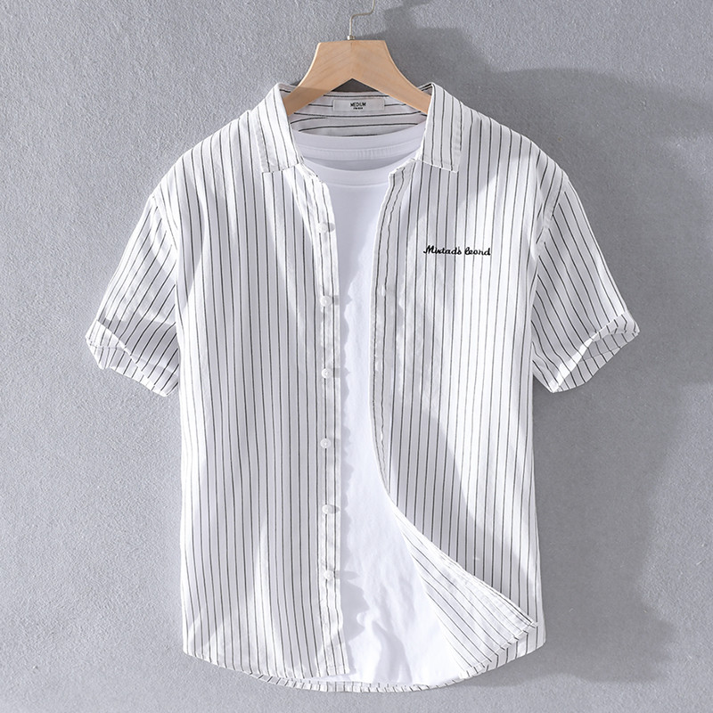 Renben puro algodão listrado camisa de manga curta masculina verão fino japonês Casual branco na moda negócios trabalho 