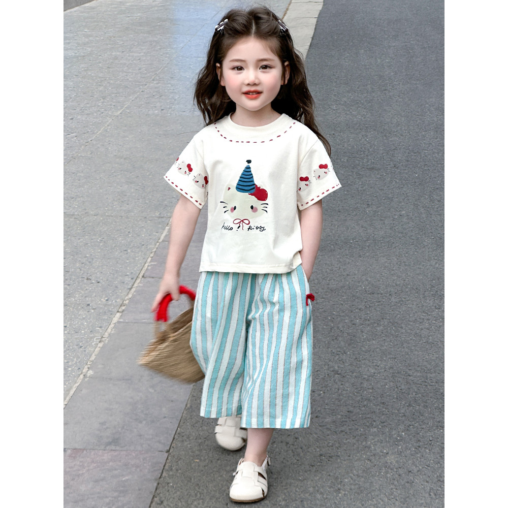 Meninas verão listrado calças gato terno moda novo estilo bebê menina moda fina Casual calças de perna larga terno de du