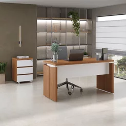 Conjunto 2 Peças com Mesa Operacional 1450 em Tamburato para Escritório e Gaveteiro com 1453cm Freijó e Branco Marrom