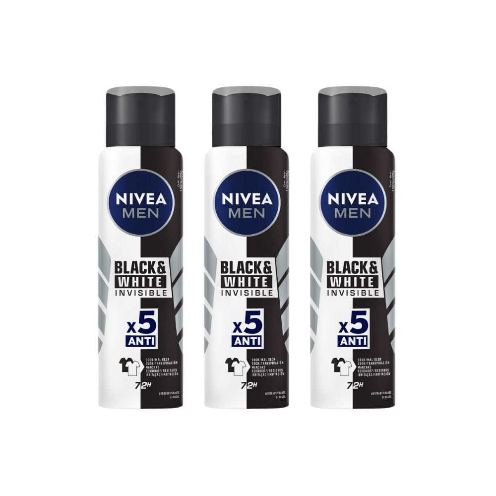 Kit 3 Desodorante Antitranspirante Aerosol Nivea Men Invisible Black & White 150ml