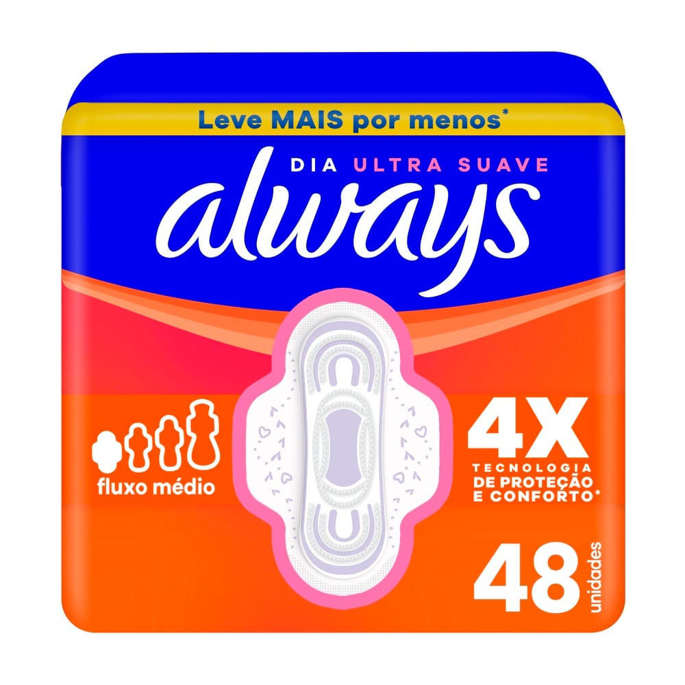 Absorvente Always Dia Ultra Suave Fluxo Médio com Abas 48 Unidades Leve Mais Por Menos