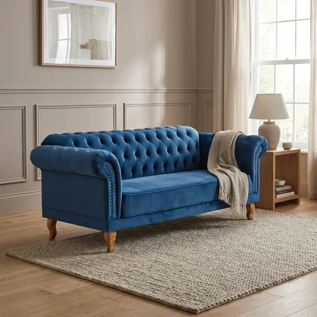 Sofá 3 Lugares Veludo Azul Chesterfield 200cm Yescasa