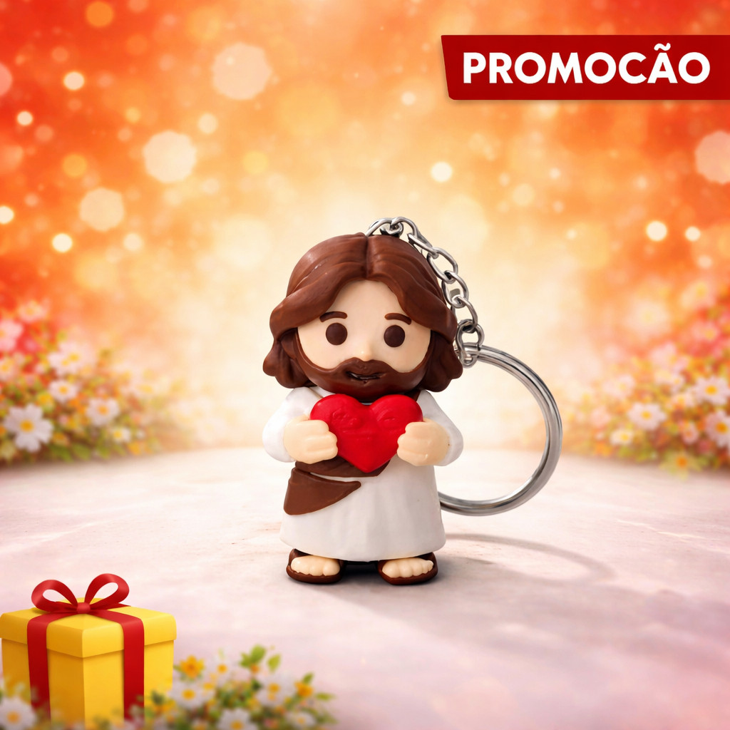 Chaveiro Jesus com Coração Vermelho 3D – Lembrancinha Religiosa Fofa Presente Criativo Católico