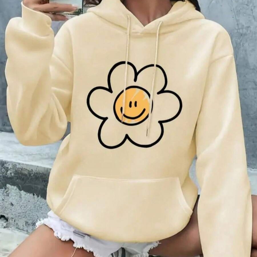 Moletom canguru estampado flor amarela casual moletom flanelado confortável com capuz e bolso ótimo para o inverno