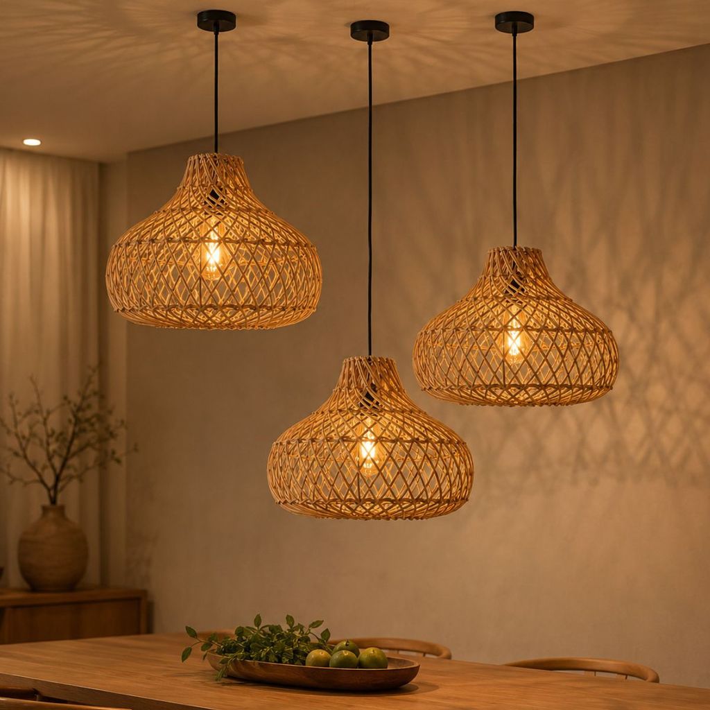Kit 3 Luminárias de Teto Lustre Pendente Rattan Fee Utilidades Ipanema Rústico 36cm