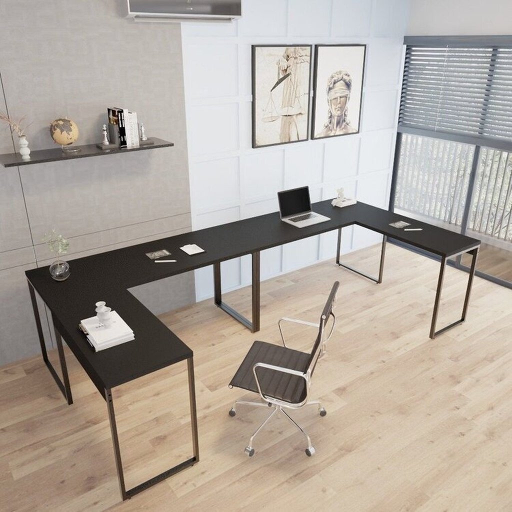 Conjunto 2 Mesas de Escritório em L Estilo 1,50MX1, Kuadra 150cm Yescasa Preto Ônix Preto Onix