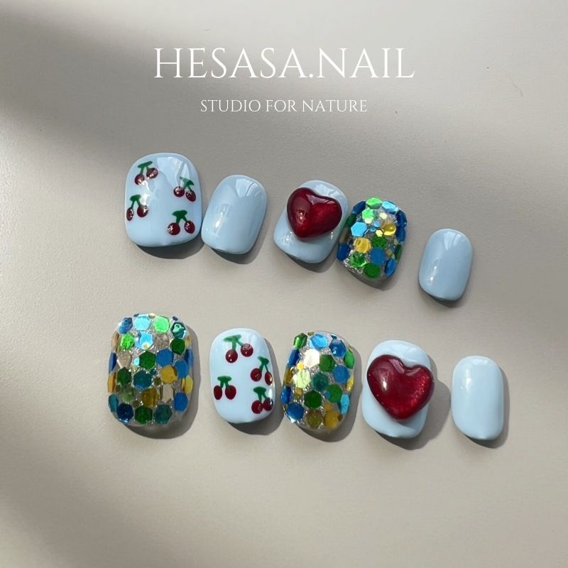 |Pintado à mão pequena cereja amor coração lantejoulas Design ervilhas curtas cor brilhante Manicure artesanal unhas ves