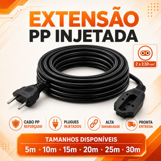 Extensão Elétrica Cabo PP Injetada 2x2,50mm² Reforçada 5m 10m 15m 20m 25m 30m Preta
