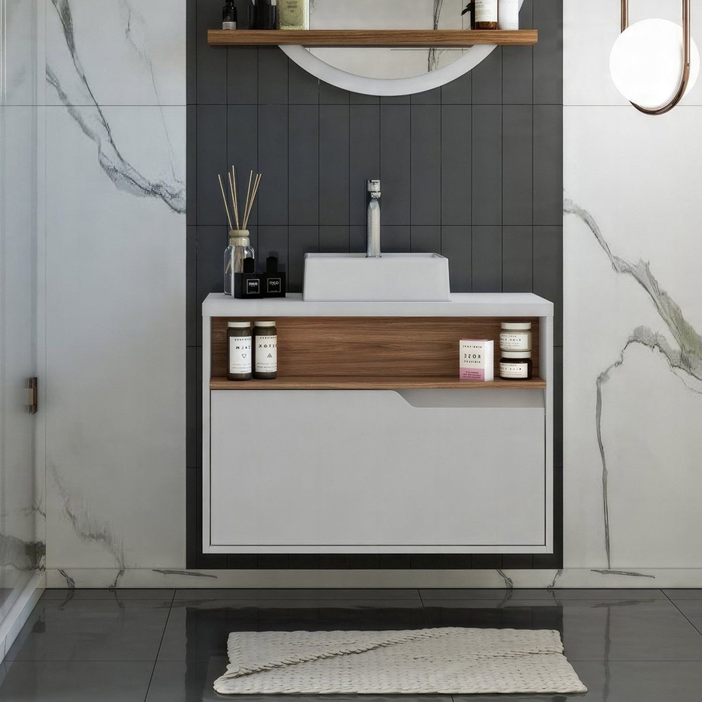 Gabinete para Banheiro com Cuba 80cm 1 Porta Jasper Branco/Itapuã