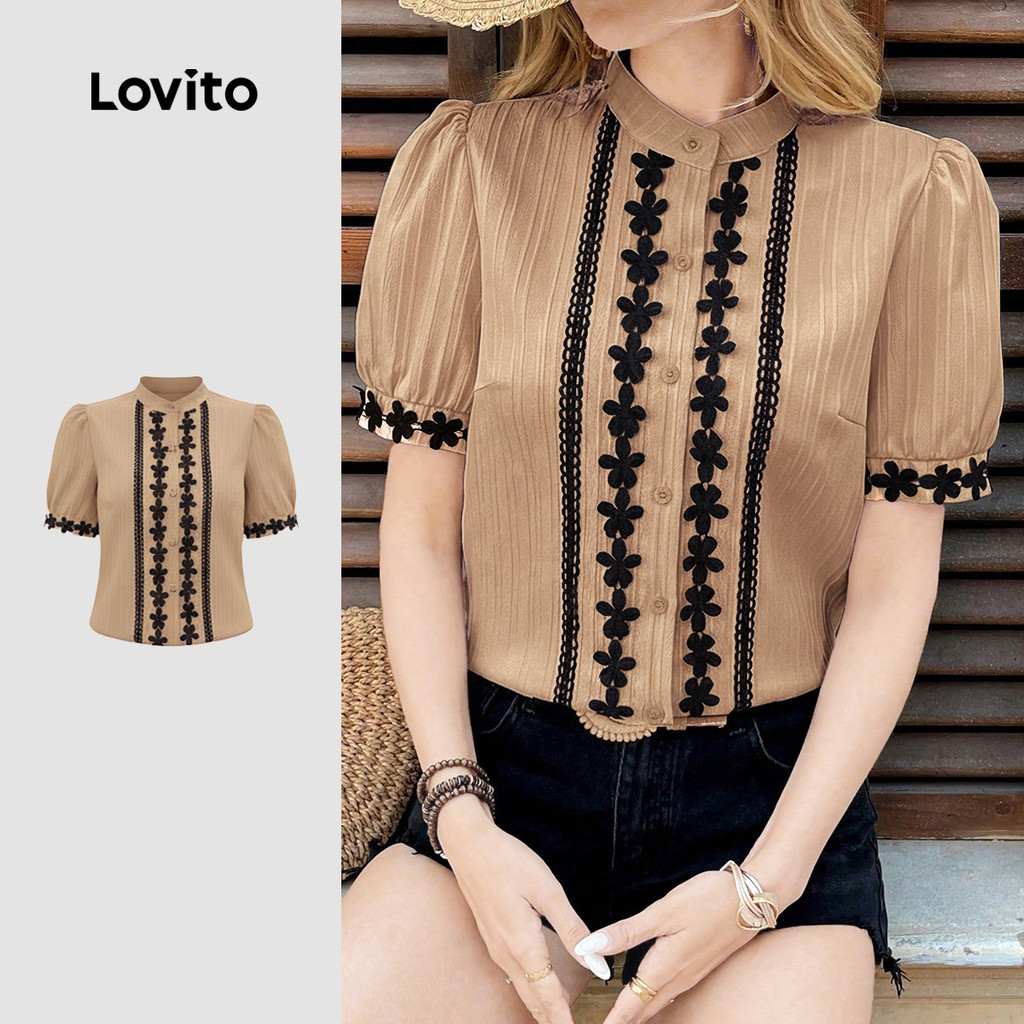 Lovito Blusa Feminina Casual De Primavera/verão Com Mangas Bufantes Gola Alta E 