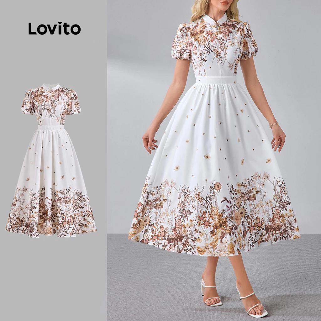 Lovito Vestido Midi Elegante Coreano Com Estampa Floral Mangas Curtas Bufantes Gola Alta Cintura Alta E Modelagem Evasê Para O Dia a Dia Na Primavera/verão Feminina LR13L009 — imagem 1