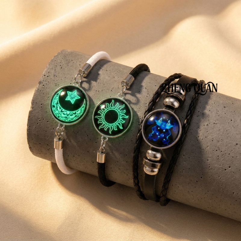 Imagem Conjunto de 3 Pulseiras Luminosas para Casal Sol e Lua, Brilham no Escuro, Signo do Zodíaco, Cordão Trançado, Joia Român