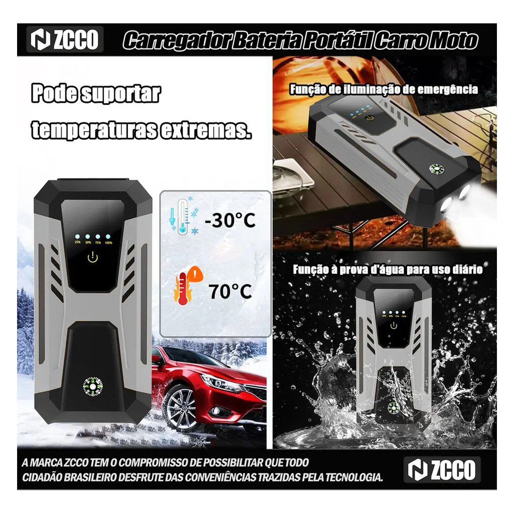ZCCO Jump Starter Portátil 1500A 12V Auxiliar De Partida para Carro e Moto, Bateria Veicular de Emergência