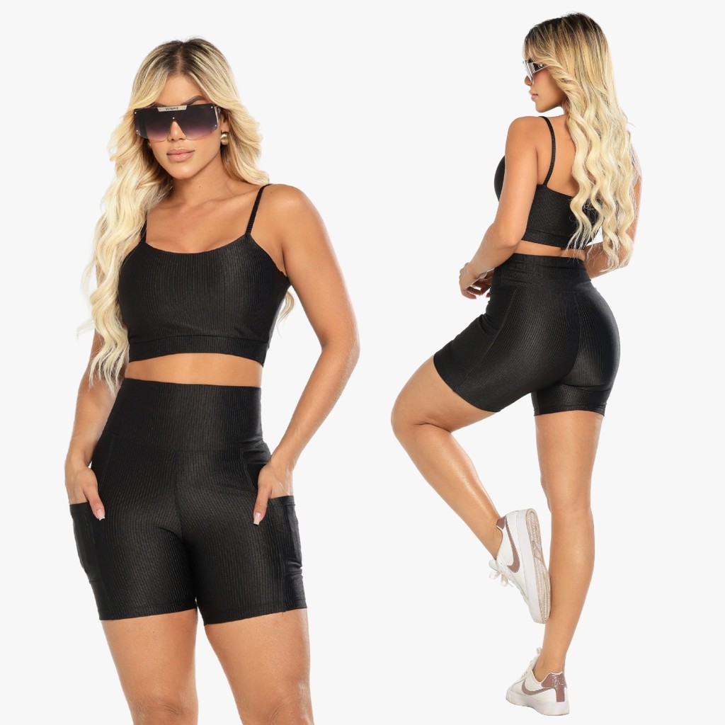 Conjunto Fitness Feminino Top e Short Com Bolso Lateral Zero Transparência Tecido Premium Poliamida Academia Confortável