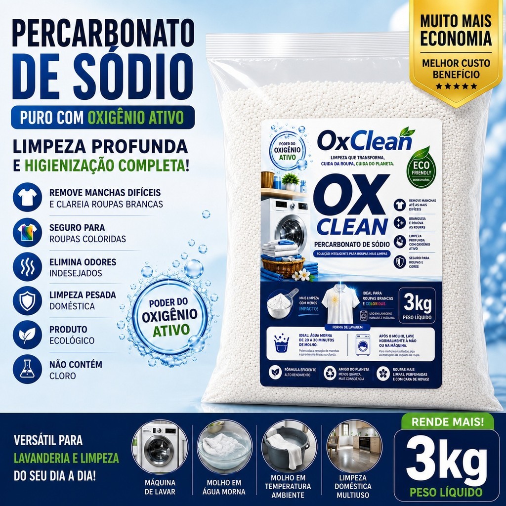 Percarbonato De Sódio 100% ECO CLEAN Tira Manchas limpeza clareador 500g/1kg/2kg/3kg