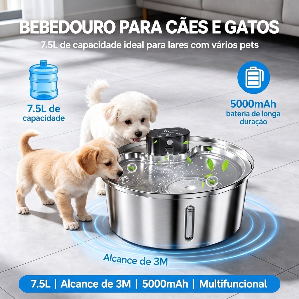 Bebedouro Automático Pet Sem Fio de Aço Inoxidável 7.5L para Gatos e Cães com Bomba Silenciosa Newpet