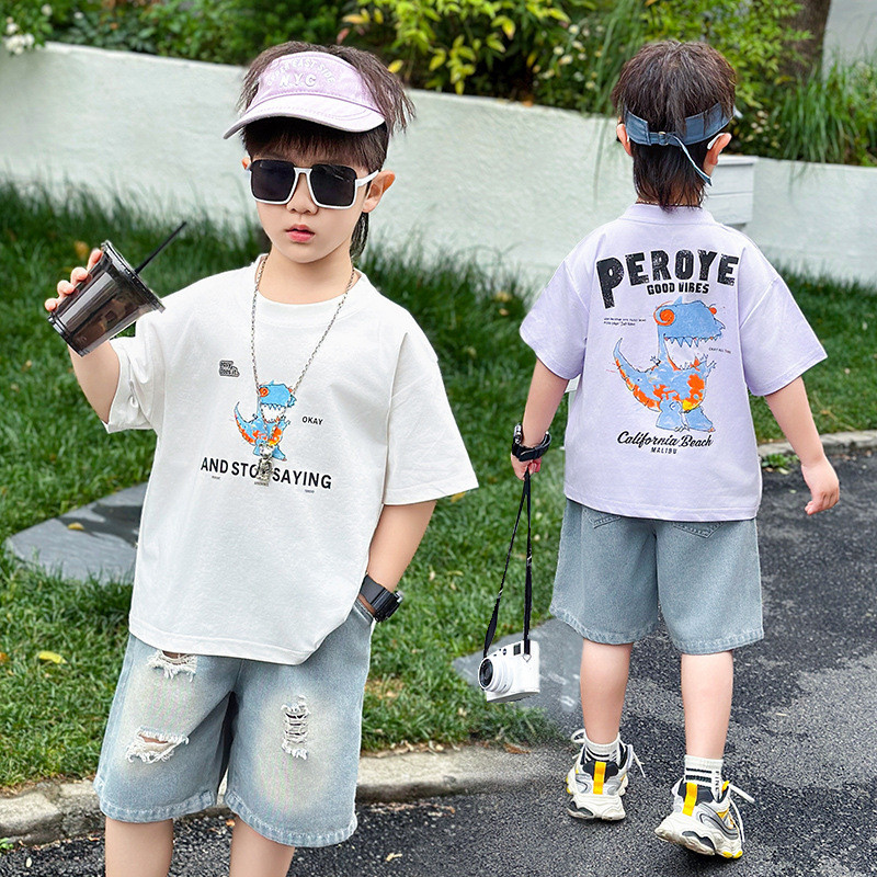 Conjunto de camiseta de manga curta de dinossauro infantil 26 meninos meninos desenhos animados carta camiseta roupas do
