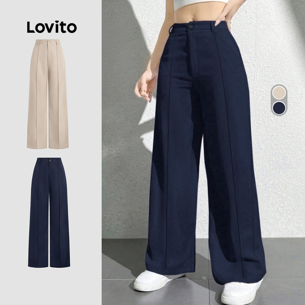 Lovito Elegante Calças com Botões Primavera/verão Calças Azul-marinho para mulheres L158AD222