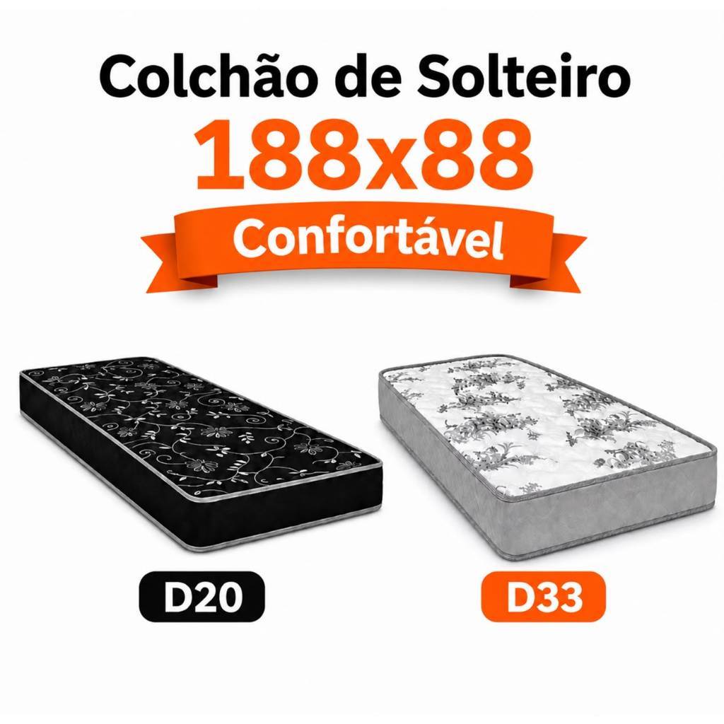 Colchão de Solteiro D20/D33 188x88x12 Selo Inmetro Alta Densidade 100% Espuma Antiácaro e Antialérgico