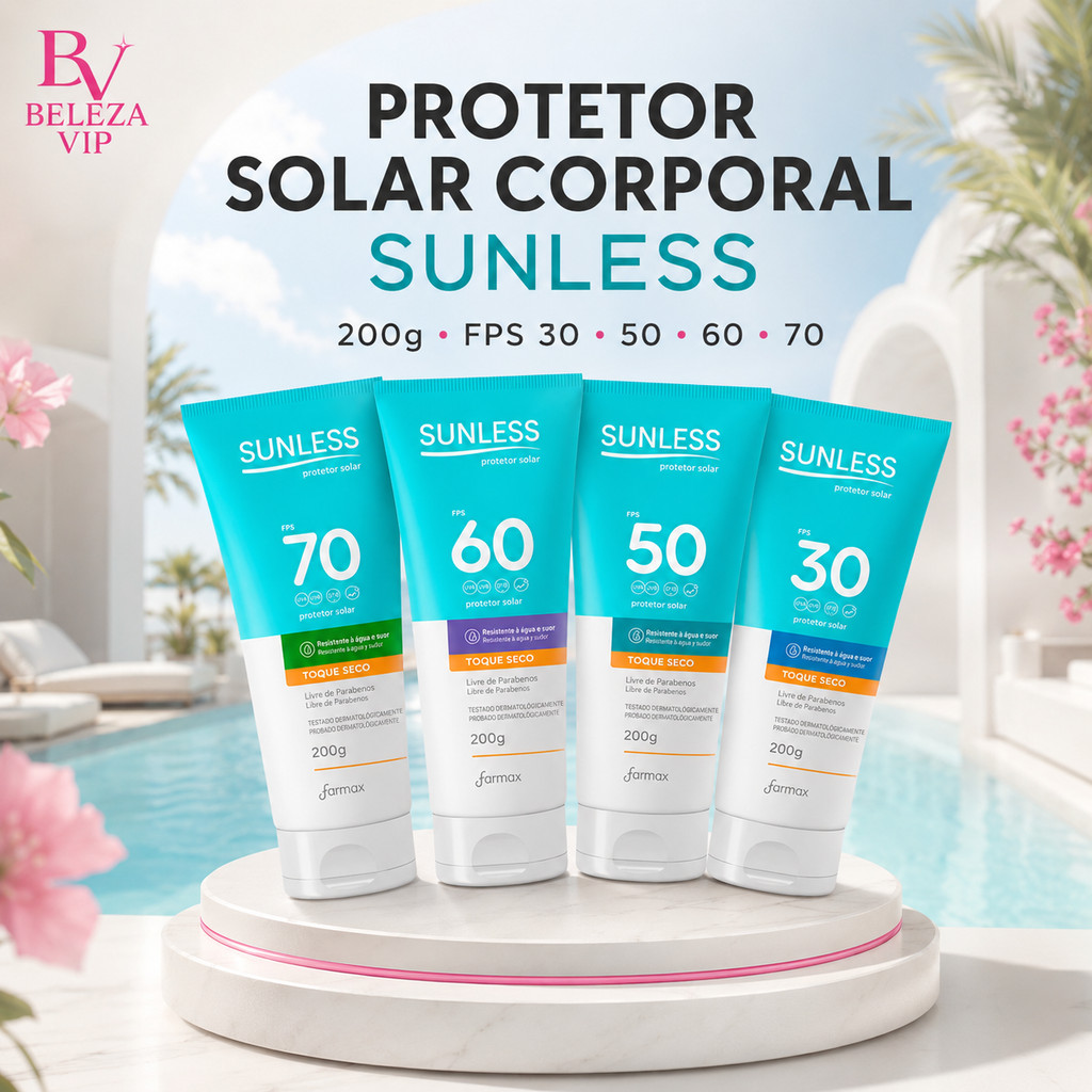 Protetor Solar Corporal Sunless Farmax FPS 30 50 60 ou 70 Toque Seco 200g