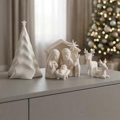 Decoração Natal Clean Kit 5 Peças Presépio Árvore 3 Renas Branco Neve Estilo Escandinavo Moderno